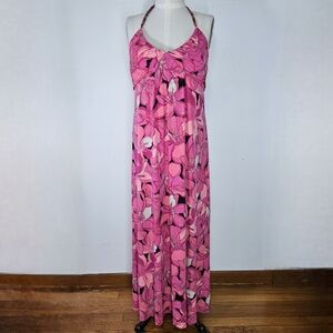 Elle Size XL Dress Pink Fuchsia Floral Halter Smocked Maxi Summer Party Stretchy